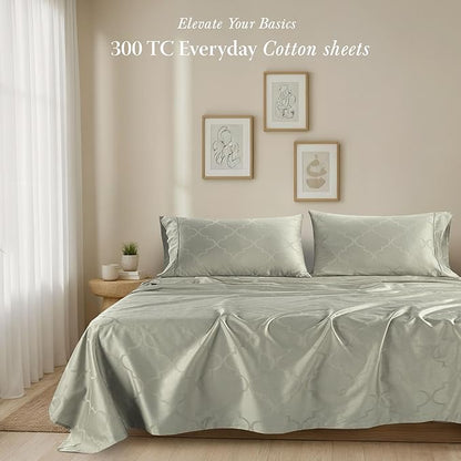 Threadmill Cotton Full Size Sheet Set | 100% Cotton Sheets for Full Size Bed | Damask Jacquard Full Bed Sheets Set with 16” Deep Pocket | Soft Sateen Weave 4-Piece Cooling Bedding Set | Sage