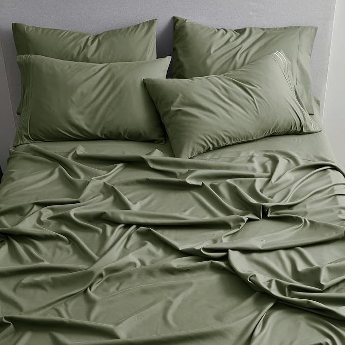 Clara Clark Flex Top King Sheets - Hotel Luxury 6 Piece Bed Sheets for Top Split King Bed - Soft Bedding Sheets & Pillowcases, Head Split King Size. Olive Green