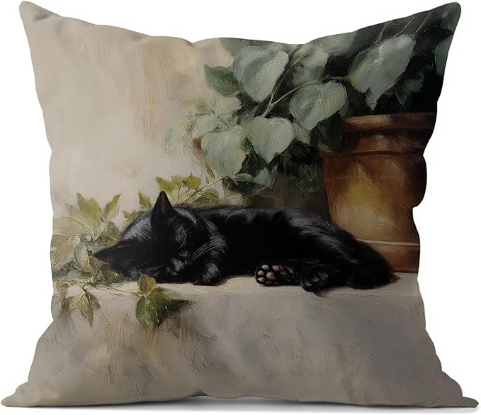 Vintage Sleeping Black Cat Throw Pillow Covers 18x18, cat Gifts for Women,Rustic Farmhouse Decor, Gothic Moody Black Kitten Pillowcase，Aesthetic Black Cats Vintage Cats Decor