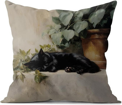 Vintage Sleeping Black Cat Throw Pillow Covers 18x18, cat Gifts for Women,Rustic Farmhouse Decor, Gothic Moody Black Kitten Pillowcase，Aesthetic Black Cats Vintage Cats Decor