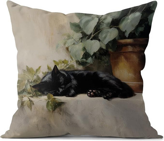 Vintage Sleeping Black Cat Throw Pillow Covers 18x18, cat Gifts for Women,Rustic Farmhouse Decor, Gothic Moody Black Kitten Pillowcase，Aesthetic Black Cats Vintage Cats Decor