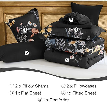 WONGS BEDDING Queen Comforter Set 7 Piece, Black Floral Bed in a Bag Bedding Set with Botanical Flowers Patterns, Soft Lightweight Complete Comforters with Sheets for All Season