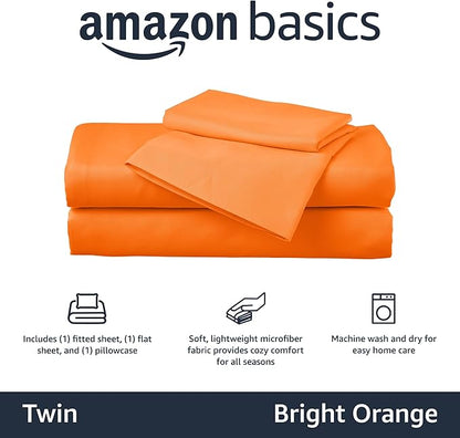 Amazon Basics Kid's Soft, Breathable, Easy-Wash Microfiber 3-Piece Sheet Set, Machine Washable, Twin, Bright Orange, Solid