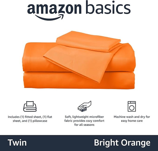 Amazon Basics Kid's Soft, Breathable, Easy-Wash Microfiber 3-Piece Sheet Set, Machine Washable, Twin, Bright Orange, Solid