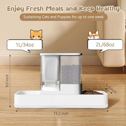 GearRoot Automatic Cat Feeder and Water Dispenser, 2 in 1 Gravity Pet Food Feeder and Water Dispenser Detachable Cat Food Dispenser for Small Dogs and Cats, White