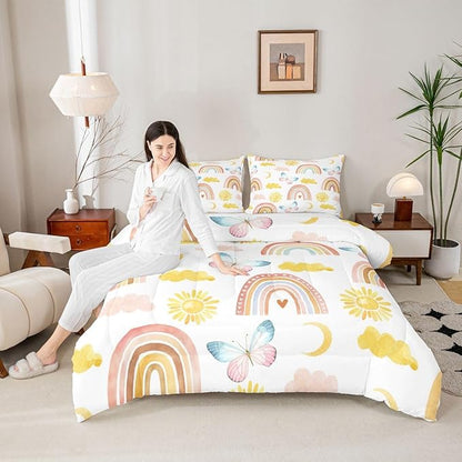 Rainbow Comforter Set Full Size, Girls Butterfly Bedding Sets, Cartoon Rainbow Quilt Sets, Colorful Sun Clouds Comforters, Iridescent Print Down Comforter, Geometric Stripes Soft Lightweight Bedding