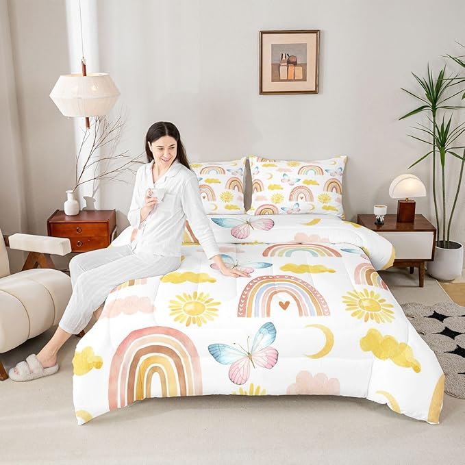 Rainbow Comforter Set King Size, Girls Butterfly Bedding Sets, Cartoon Rainbow Quilt Sets, Colorful Sun Clouds Comforters, Iridescent Print Down Comforter, Geometric Stripes Soft Lightweight Bedding