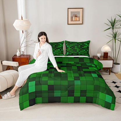 Pixelated Miners Game Kids Bedding Set King Size,Geometric Check Video Games Comforter Set,Gamepad Grid Gaming Quilt Comforter,Dark Green Bedroom Duvet Insert,2 Pillowcases
