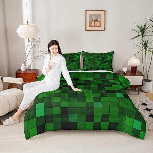 Pixelated Miners Game Kids Bedding Set King Size,Geometric Check Video Games Comforter Set,Gamepad Grid Gaming Quilt Comforter,Dark Green Bedroom Duvet Insert,2 Pillowcases