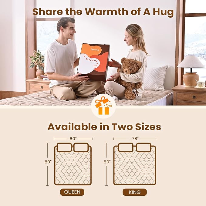 Bearhug King Heated Mattress Pad, Dual Control Bed Warmer with 10 Heat Level, Auto Shut Off Timer, Zipper Electric Mattress Pad with Deep Pocket Up to 18", ETL Certified, Machine Wash 78" x 80", Brown