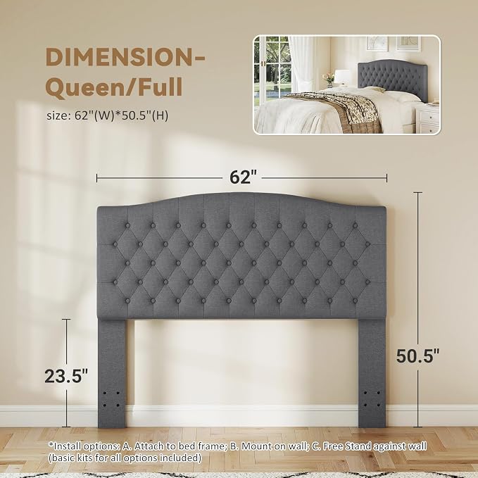 Queen Headboard Only, Upholstered Headboard for Adjustable Bed Linen Tufted Queen/Full Size Wall Mounted Head Board with Solid Wood Legs Head Board, Dark Gray
