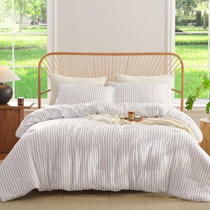 Striped Comforter Set Queen Size Light Tannish Grey White Stripes Bedding Set for All Season, 3 Pieces Lightweight Bedding Comforter Sets with 2 Pillowcases