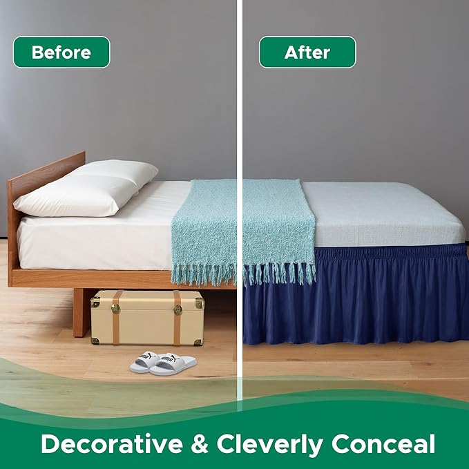Biscaynebay Wrap Around Bed Skirts for King & Cal King Beds 14" Drop, Navy Adjustable Elastic Dust Ruffles Easy Fit Wrinkle & Fade Resistant Silky Luxurious Fabric Solid Machine Washable