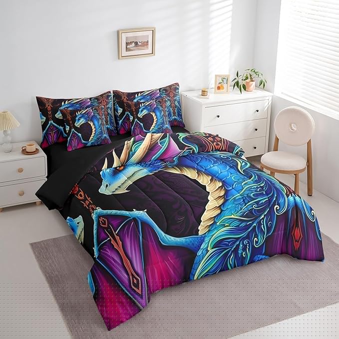 Erosebridal 3D Dragon Comforter Set 7 Piece Bed in a Bag Twin,Vintage Gothic Blue Dragon Bedding Sets Antique Wildlife Mythical Animal Sheet Set with Comforter
