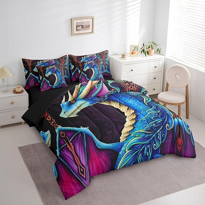 Erosebridal 3D Dragon Bed in a Bag King Size Comforter Set 7 Pieces,Vintage Gothic Blue Dragon Bedding Sets Antique Wildlife Mythical Animal Sheet Set with Comforter