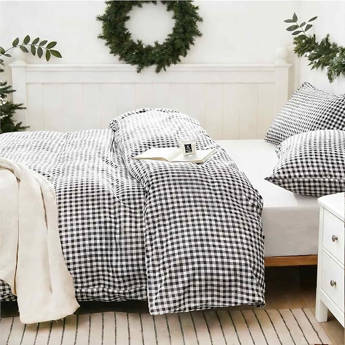 ETDIFFE Black Gingham Comforter Set Queen Size, 3 Piece Boho Grid Bedding Set - Soft and Lightweight Buffalo Checkered Plaid Microfiber Down Alternative Bed Comforter (90x90)