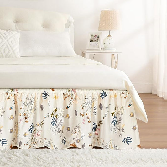 RIMELA Cream Balloon Bed Skirt Queen Size 15 Inch Drop, Elastic Bed Skirting for Bed Frame, Bedding Dust Ruffle Easy to Install, Lightweight Wrap Around Adjustable Bedskirt,Bedroom Decor