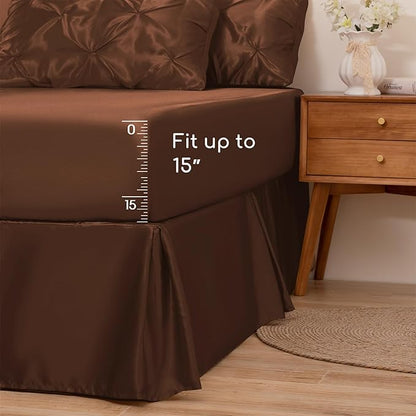MR&HM Satin Comforter Full 7 Pieces - Luxurious Pinch Pleat Bedding Set with Comforter, Flat Sheet, Fitted Sheet, Pillowcases & Shams, Super Silky Soft Bed Set for All Season (Full, Brown)