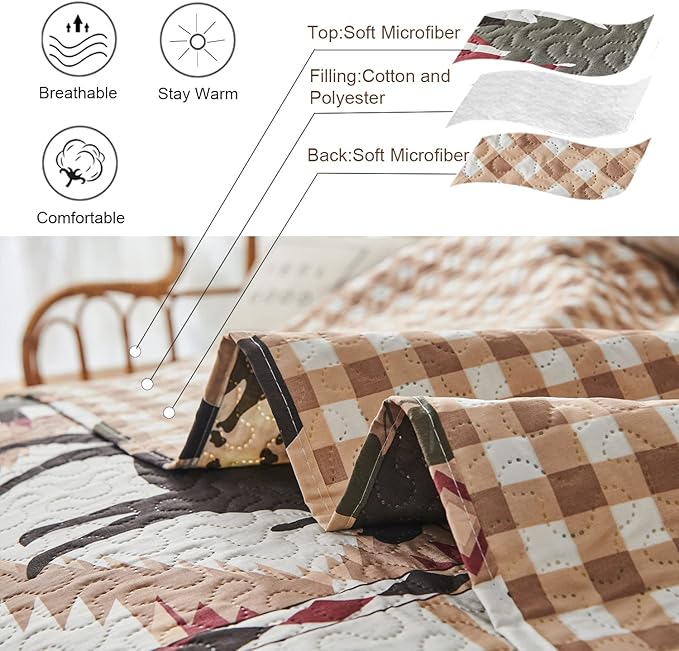 Rustic Lodge Quilt Set King Size Country Cabin Bedspread Coverlet King Moose Bear Reversible Patchwork Quilts Bedding Soft Lightweight Coverlets Forest Bear Farmhouse Bed Cover Sets with 2 Pillow Sham