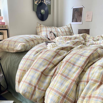 EAVD Vintage Style Buffalo Plaid Duvet Cover Twin Size 3 Pieces Grid Plaid Bedding Set Soft 100% Washed Cotton Aesthetic Gingham Duvet Cover with 2 Pillowcases Colorful Grid Checkered Bedding Set