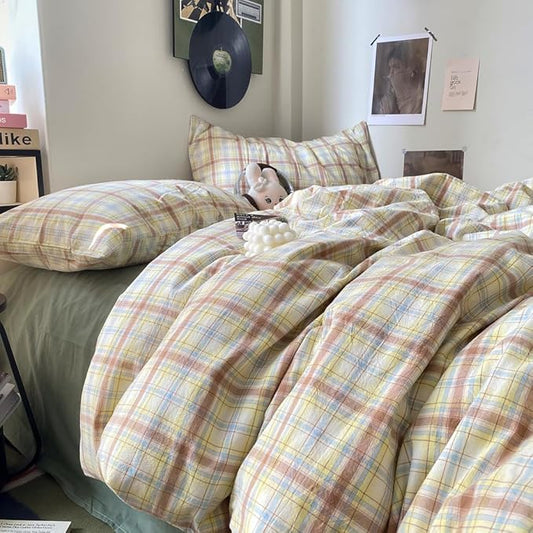 EAVD Vintage Style Buffalo Plaid Duvet Cover Queen Size 3 Pieces Grid Plaid Bedding Set Soft 100% Washed Cotton Aesthetic Gingham Duvet Cover with 2 Pillowcases Colorful Grid Checkered Bedding Set