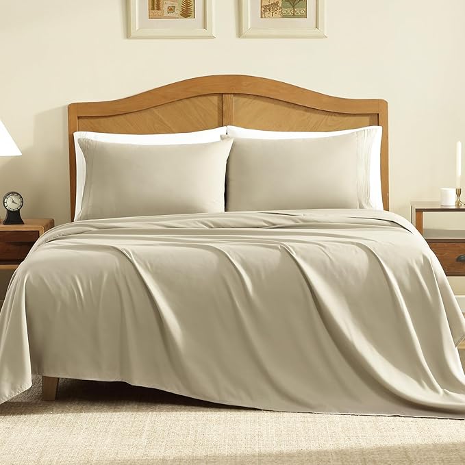 ClevaHome Sheet Set King Size, 4-Piece Bedding, Lightweight & Super Soft Easy Care Microfiber– Shrinkage & Fade Resistant Bedding Set with 14'' Deep Pockets (Sandy Beige)