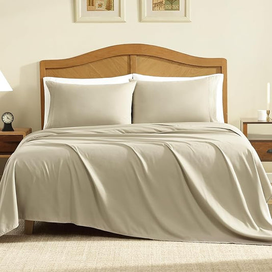 ClevaHome Sheet Set King Size, 4-Piece Bedding, Lightweight & Super Soft Easy Care Microfiber– Shrinkage & Fade Resistant Bedding Set with 14'' Deep Pockets (Sandy Beige)