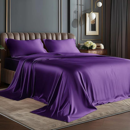 BEDELITE Satin Sheets Twin XL Size Bed Set, Luxury Soft Plum Purple Sheets for Hair and Skin, Similar to Silk Bed Sheets Set 3 Pieces with 1 Deep Pocket Fitted Sheet, 1 Flat Sheet, and 1 Pillowcase
