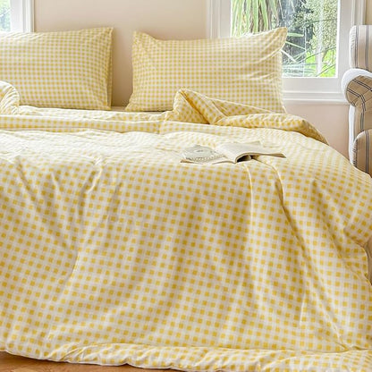 NSNLGSGC Yellow Gingham Cotton Comforter Set Twin, 100% Washed Cotton Plaid Checked Comforter Bedding, 2 Pieces Vintage Farmhouse Grid Bedding Set(Yellow Gingham, Twin)