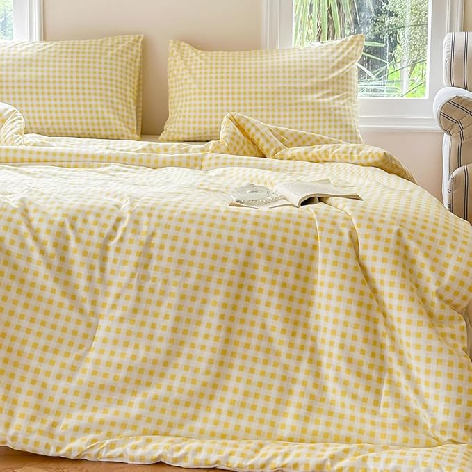 NSNLGSGC Yellow Gingham Cotton Comforter Set Queen, 100% Washed Cotton Plaid Checked Comforter Bedding, 3 Pieces Vintage Farmhouse Grid Bedding Set(Yellow Gingham, Queen)