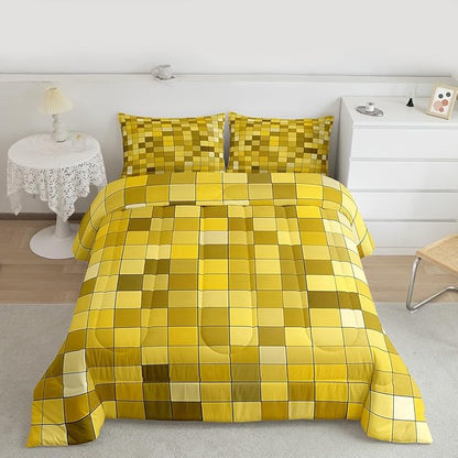 Pixelated Miners Game Kids Bedding Set King Size,Video Games Gamepad Gaming Comforter Set,Geometric Square Quilt Comforter,Yellow Bedroom Duvet Insert,2 Pillowcases