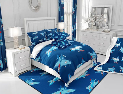 Castle Fairy Kids Aircraft Bedding Set Cartoon Transportation Vehicles Duvet Cover Set Boys Airplane Comforter Cover Navy Blue Bedspread Cover Bedroom Quilt Cover Queen with 2 Pillowcase,No Comforter