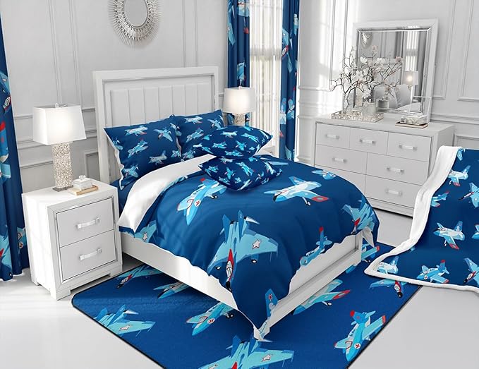 Castle Fairy Kids Aircraft Bedding Set Cartoon Transportation Vehicles Duvet Cover Set Boys Airplane Comforter Cover Navy Blue Bedspread Cover Bedroom Quilt Cover King with 2 Pillowcase,No Comforter