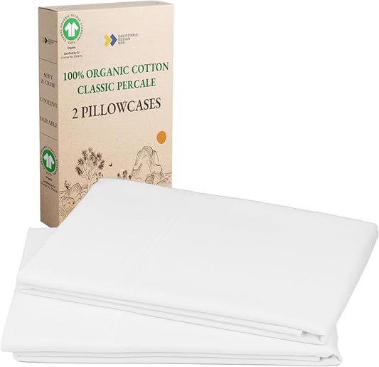 California Design Den 100% Organic Cotton Pillow Cases Queen/Standard Set of 2, Soft & Crisp Percale Weave Cotton Pillowcases (Bright White)