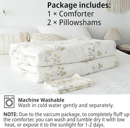 Floral Cotton Comforter Queen Size - Cream Comforter with Luxurious Grey Branches & Subtle Beige Blossoms,Reversible Lightweight Bedding Sets 3Pcs(90"×90")