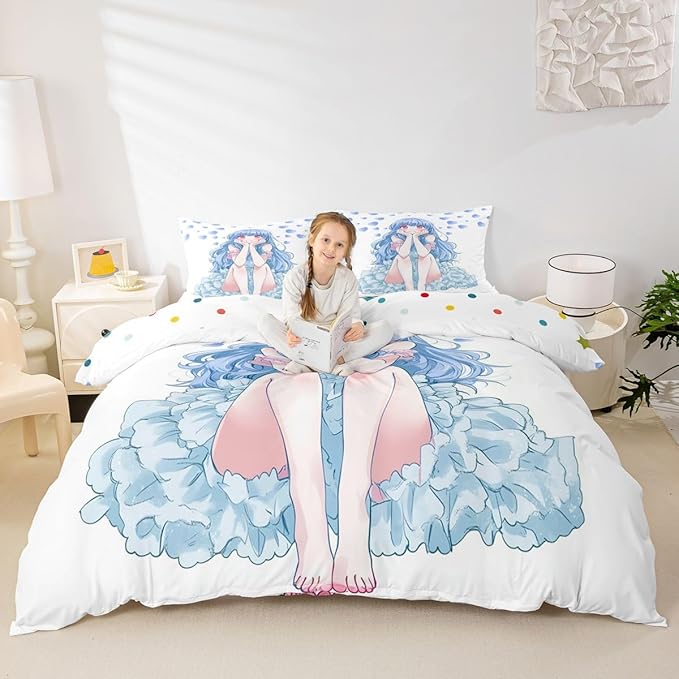Erosebridal Blue Girly Anime Kids Down Comforter Full,Cute Cartoon Girl Comforter Set Romantic Aesthetic Bedding Set Kawaii Watercolor Love Heart Quilt Set 2 Pillow Cases