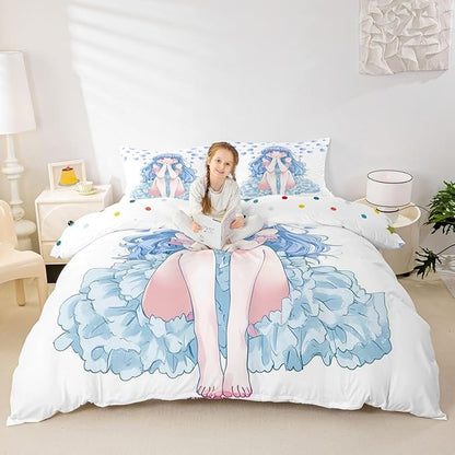 Erosebridal Blue Girly Anime Kids Down Comforter Full,Cute Cartoon Girl Comforter Set Romantic Aesthetic Bedding Set Kawaii Watercolor Love Heart Quilt Set 2 Pillow Cases