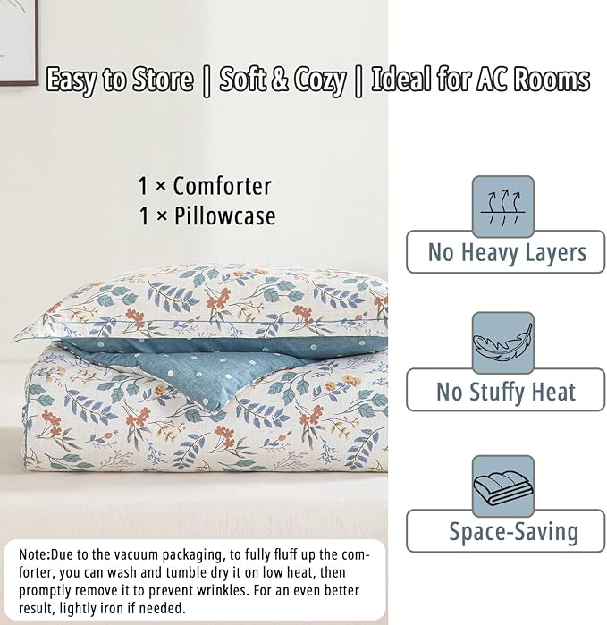 Botanical Cotton Comforter Twin Size - Lake Green Comforter with Dusky Blue & Warm Rust Leaves on Ivory,Reversible Lightweight Bedding Sets 2Pcs(Polka Dot,68"×90")