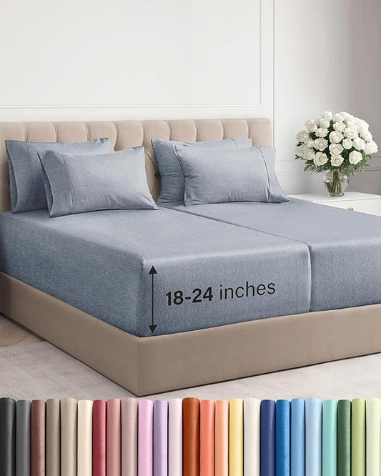 Extra Deep Split King Sheet Set - 7 Piece Breathable and Cooling Sheets - Hotel Luxury Bedding for Women, Men, Kids & Teens - Secure Fit - Soft and Wrinkle Free - Extra Deep Pockets - Heathered Blue