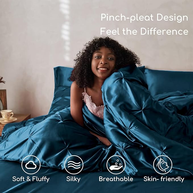 MR&HM Satin Comforter Twin 5 Pieces - Luxurious Pinch Pleat Bedding Set with Comforter, Flat Sheet, Fitted Sheet, Pillowcase & Sham, Super Silky Soft Bed Set for All Season (Twin, Teal)