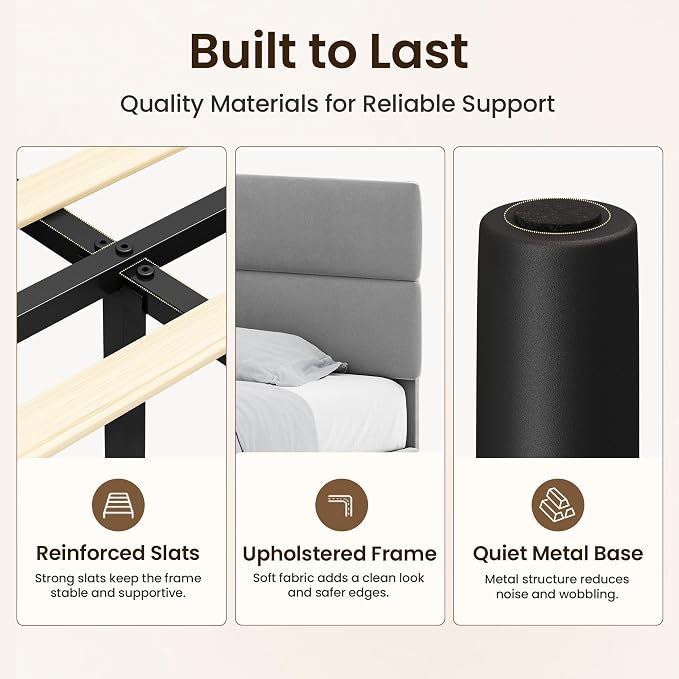 GRUSIGN Queen Size Platform Bed Frame with Velvet Headboard, Adjustable Height Wooden Slats Support, Upholstered Mattress Foundation, Fits Mattress or Mattress with Box Spring, Easy Assembly, Grey