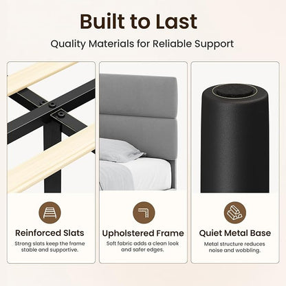 GRUSIGN Queen Size Platform Bed Frame with Velvet Headboard, Adjustable Height Wooden Slats Support, Upholstered Mattress Foundation, Fits Mattress or Mattress with Box Spring, Easy Assembly, Grey