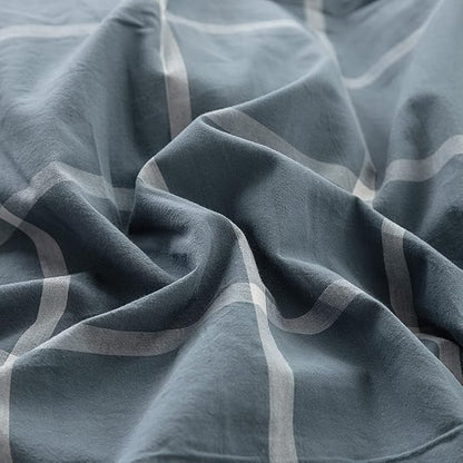 FACE TWO FACE Bedding Duvet Cover Set100% Washed Cotton Duvet Cover Linen Like Textured Breathable Durable Soft Comfy (Queen, Grey Green Grid)