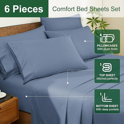 Ivellow 100% Egyptian Cotton Sheets Queen Size Set - 1200 Thread Count 6 PC 18" Deep Pocket Queen Size Bed Sheet Set，Luxury Soft Breathable Dusty Blue Cooling Sheet Sets Durable Hotel Quality Bedding