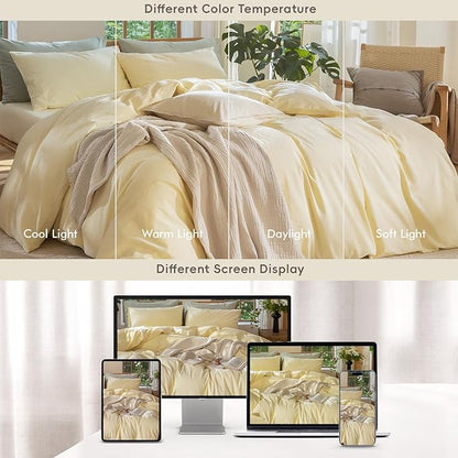 MooMee Bedding Duvet Cover Set 100% Washed Cotton Linen Like Textured Breathable Durable Soft Comfy (Heathered Butter Yellow, Queen 90"x90")