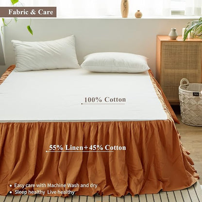 BISELINA French Linen Bed Skirt with Pleated Frills 22-Inch Tailored Drop Natural Flax Cotton Blend Dust Ruffle Soft Cozy Farmhouse Bedding (22" King, Rust)