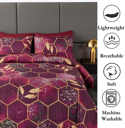 ANGIYUIN 7Pcs Bed-in-A-Bag Burgundy Gold Honeycomb King Size Comforter Sets, 3D Geometric Hexagon Bedding Gold Trim Bed Comforter Sets, Watercolor Foil Print Bed Sets with Sheets (Burgundy, King)