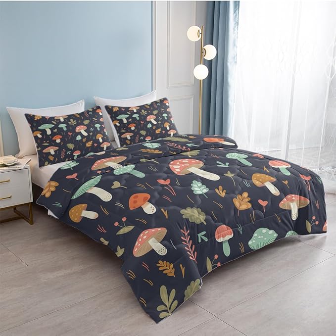 SOULZZZ Colorful Mushroom Bed Set Twin - Super Soft Comfy Breathable Trippy Mushroom Twin Comforter and 2 Pillowcases