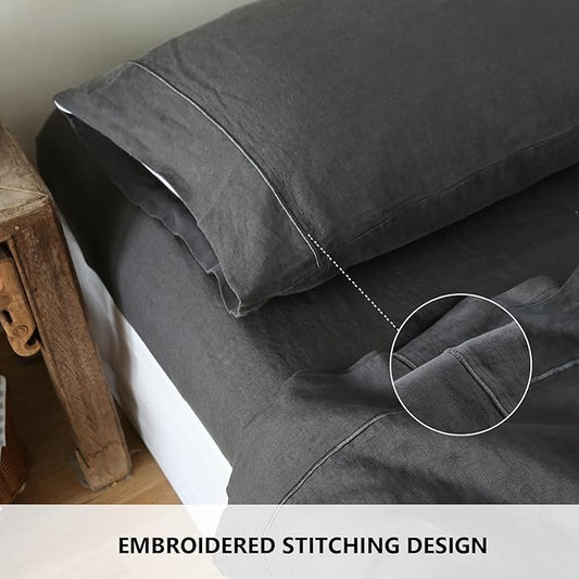 Simple&Opulence 100% French Linen Pillowcase King Size-Set of 2- Washed Solid Color Pillow Cases Embroidered -Soft and Durable (Dark Grey, 20''x40'')