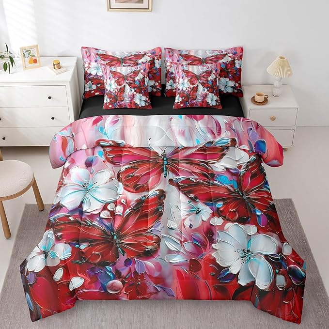 Erosebridal Girls Red Butterfly Twin Comforter Set 7 Piece White Flowers Oil Painting Boho Bedding Set Retro Hippie Floral Butterfly Bed in A Bag for Kids Women,Aesthetics Bohemian Sheet Set